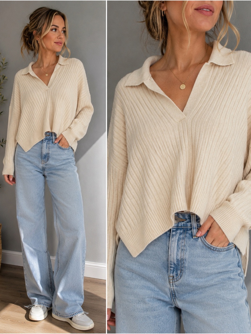 New French Connection Ribbed Collared V-Neck Sweater - Cream